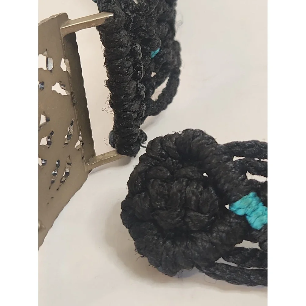 VTG 70s Black Macrame Belt Goldtone Medallion Buckle L Pls Read Below